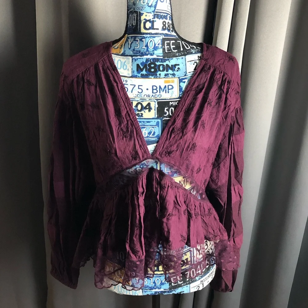 Free People Boho Hippy Floral Embroidered Sheer Paneling Long Sleeve Blouse - Picture 1 of 12